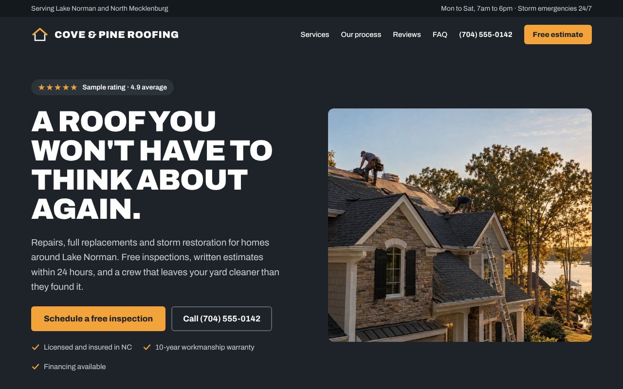 Homepage of the Cove & Pine Roofing sample site